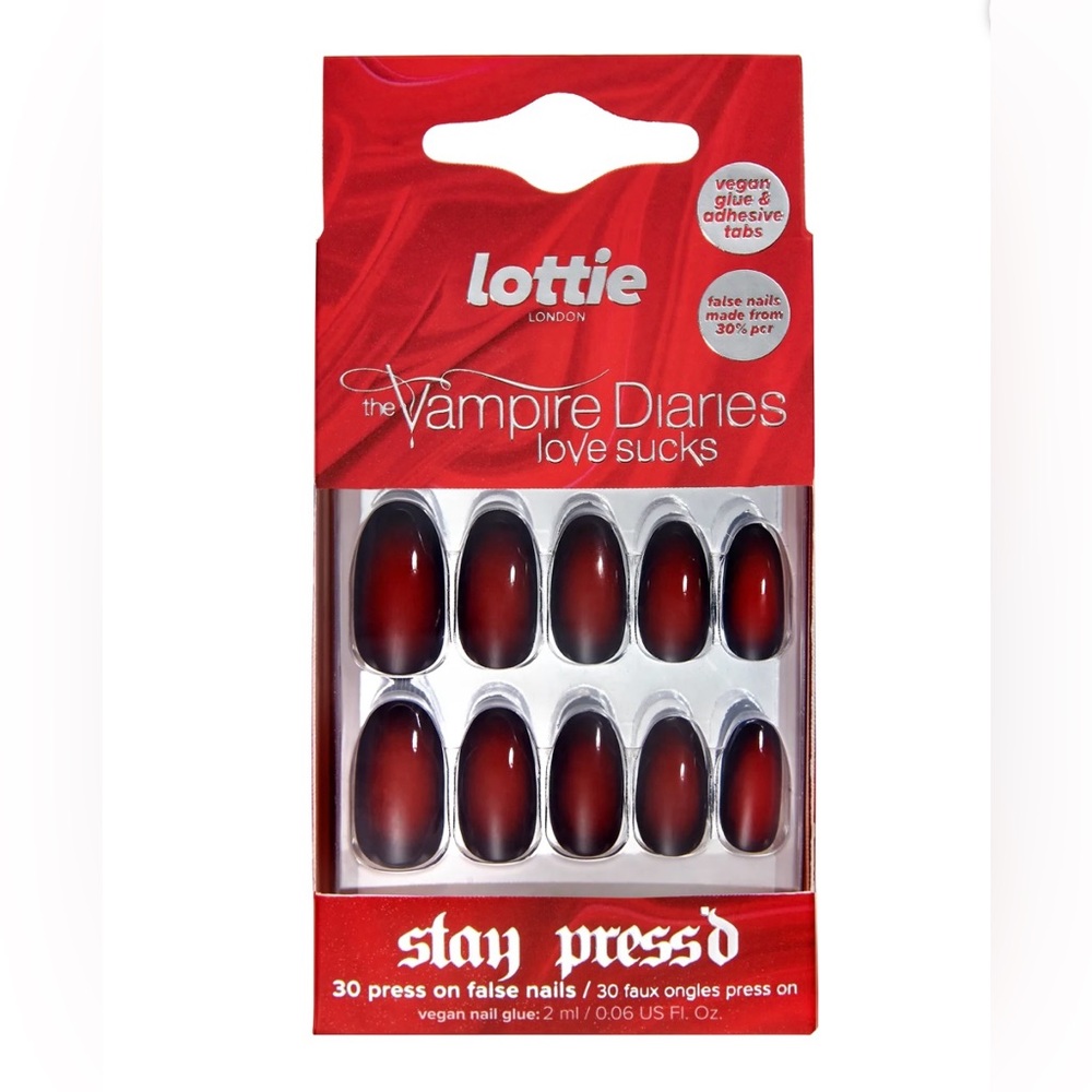 The Vampire Diaries x Lottie London Press On Nail Set, Almond, Deadly, 30 nails
